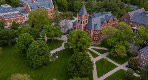 Aerial view of UNH campus and T-Hall